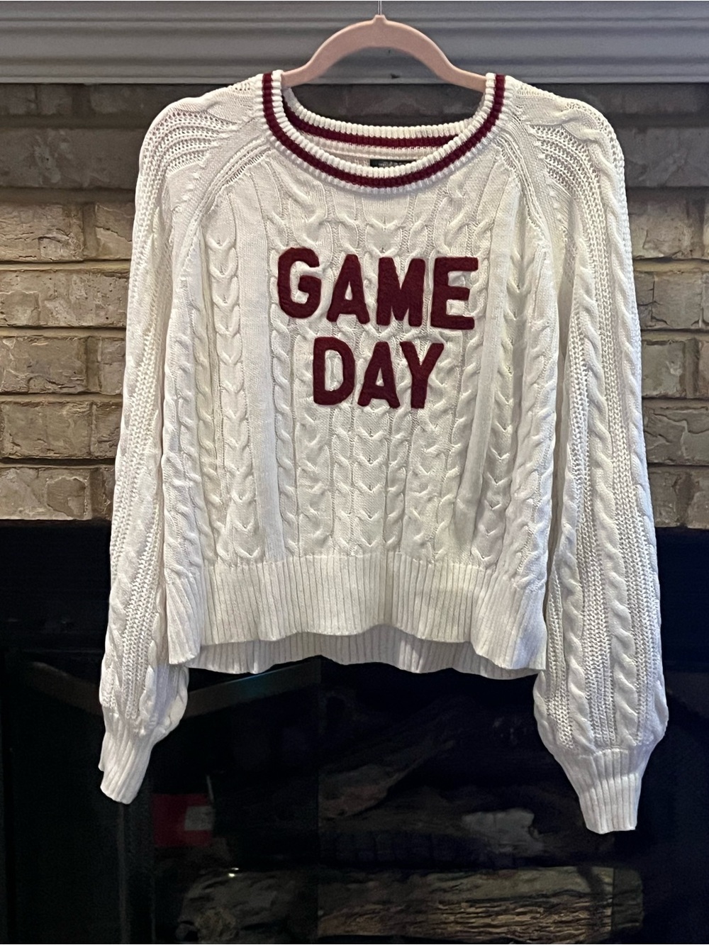 wild fable White Cable Knit 'GAME DAY' Crewneck Sweater with Red Trim